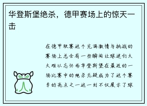 华登斯堡绝杀，德甲赛场上的惊天一击