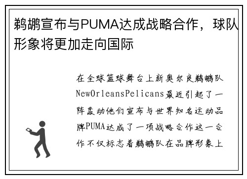 鹈鹕宣布与PUMA达成战略合作，球队形象将更加走向国际